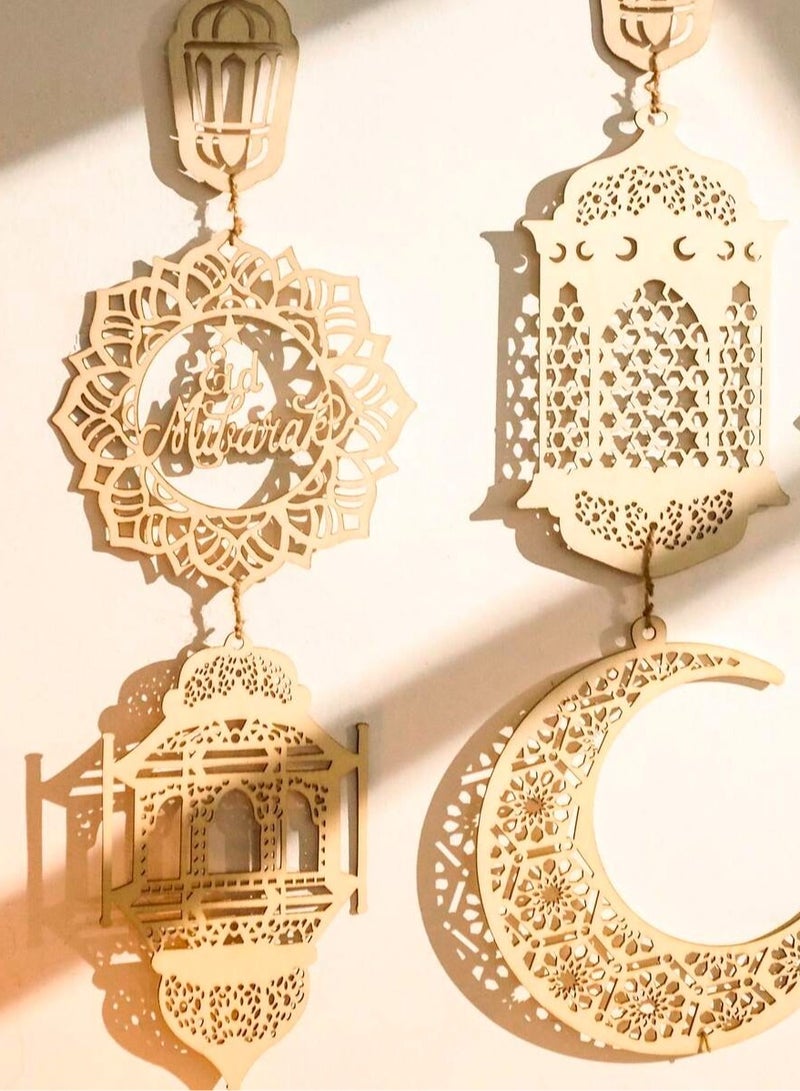 Eid Decorations Hanging Wooden Garland with Lanterns, Crescent & Star – Boho Wall Decor for Home & Parties, Suitable for Eid Decor - Image 2